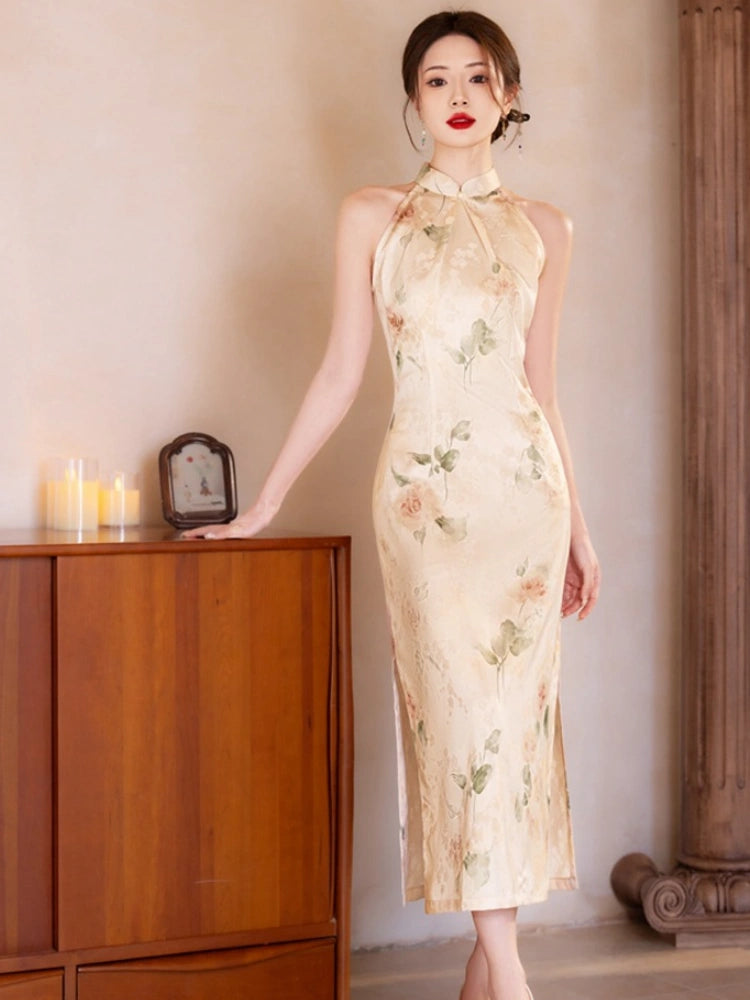 Modern Halter Neck Floral Jacquard Qipao Dress