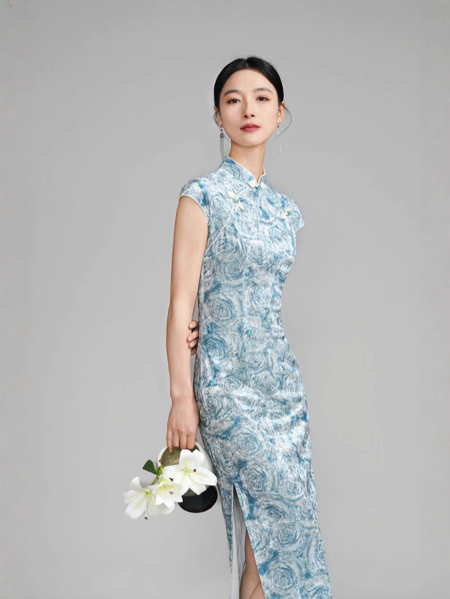 Blue Floral sleeveless Velvet chinese qipao dress