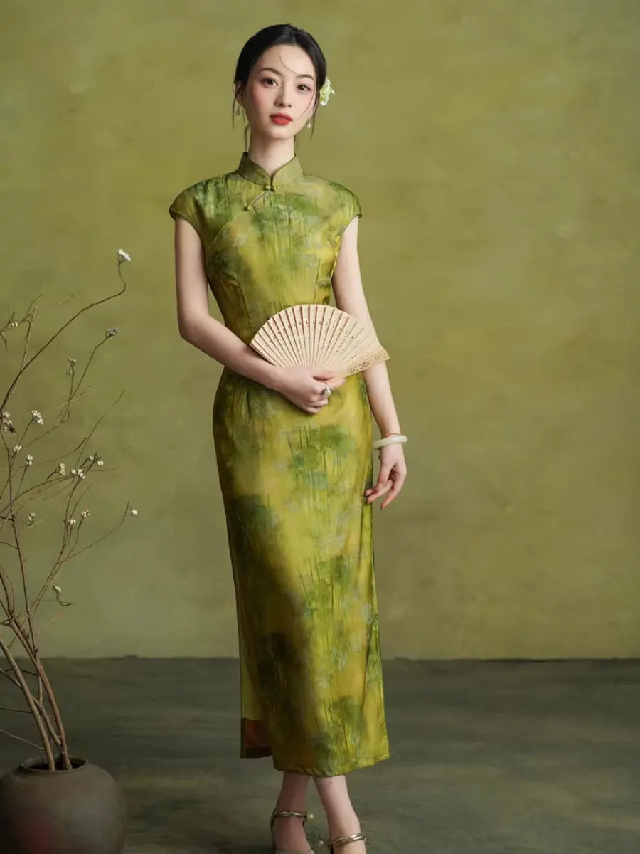 Vintage Green Bamboo Forest Cap Sleeve Qipao Dress