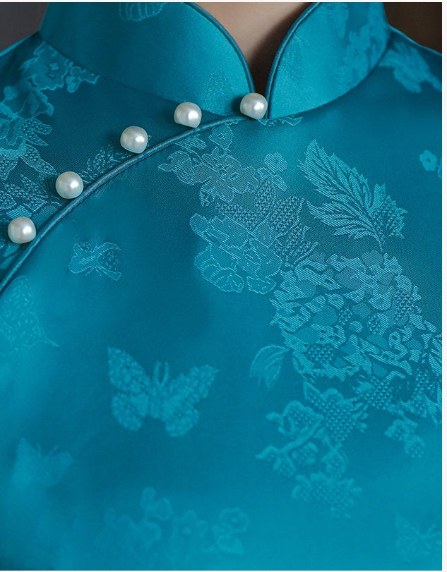 Sleeveless Teal Blue Qipao Dress with Pearl Buttons