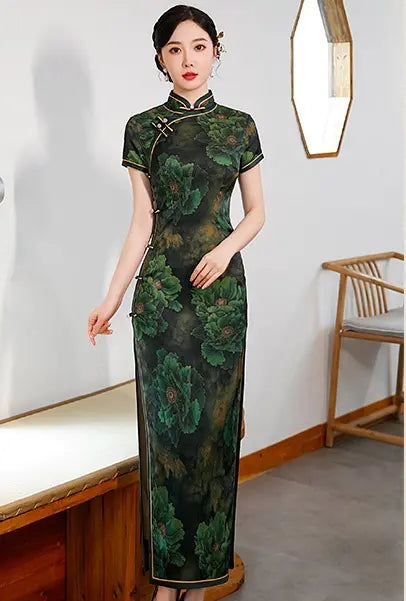 Dark Green  Floral Chinese Long qipao cheongsam Dress