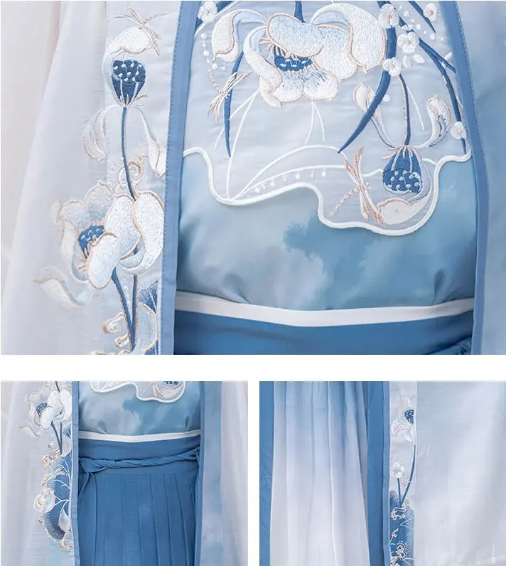 Blue and White Traditional chinese Song Dynasty Hanfu Dress with lotus flowers