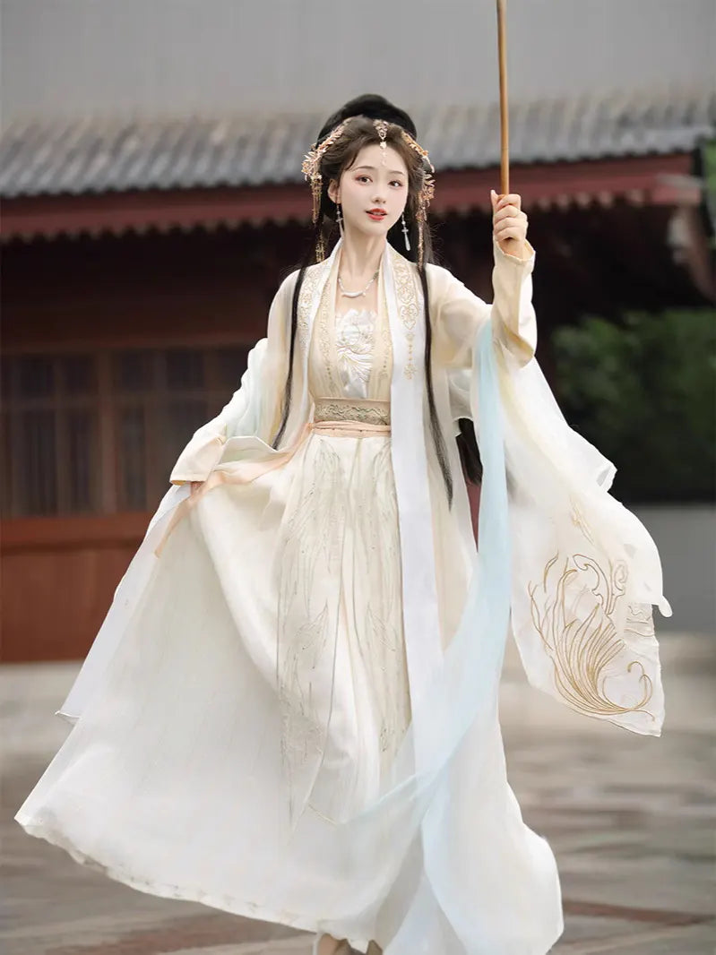 Elfenbeinweißes Hanfu-Kleid-Set aus der Song-Dynastie | Goldene Feder