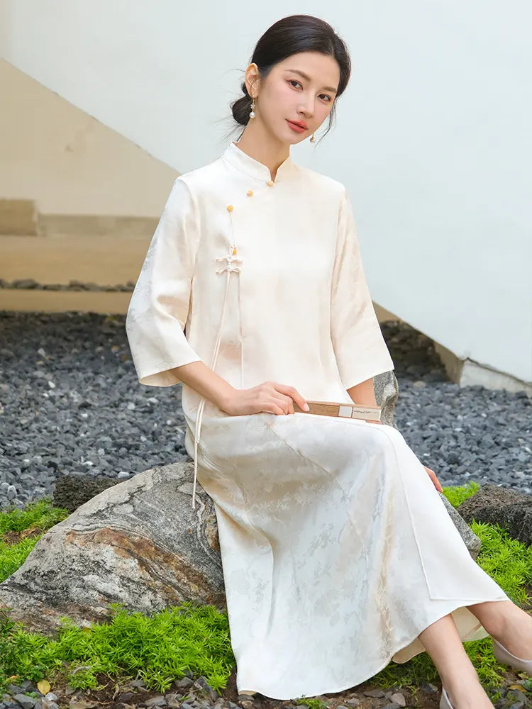 Ivory Loose  Qipao Cheongsam Dress – New Chinese Zen-Inspired Design