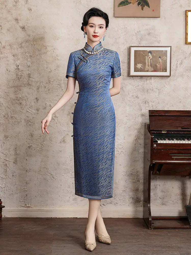 Blue Mulberry Silk Qipao Dress with Golden Trim