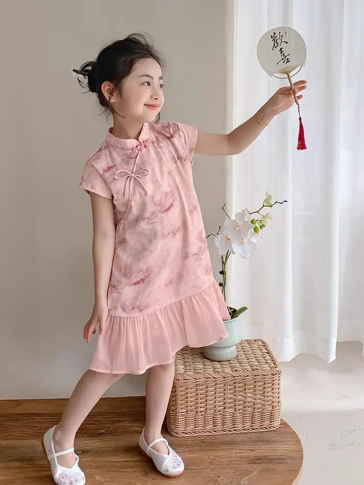 Sweet Pink Floral Kid’s Qipao Dress with Ruffle Hem