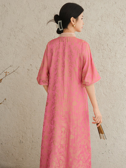 Lockeres Cheongsam-Qipao-Kleid aus Jacquard in Rosa