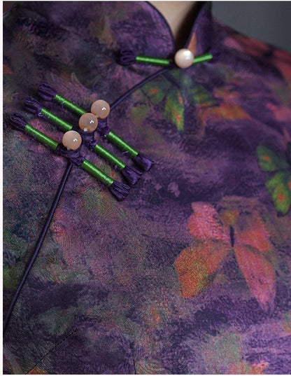 Purple Butterfly Print Sleeveless Qipao Cheongsam Dress