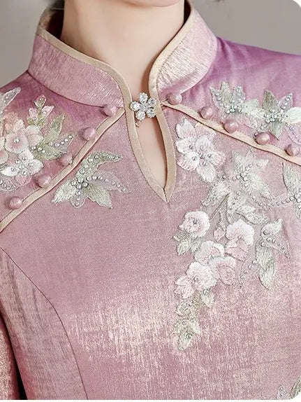 Lustrous Rose-Pink Embroidered Floral A-Line Qipao