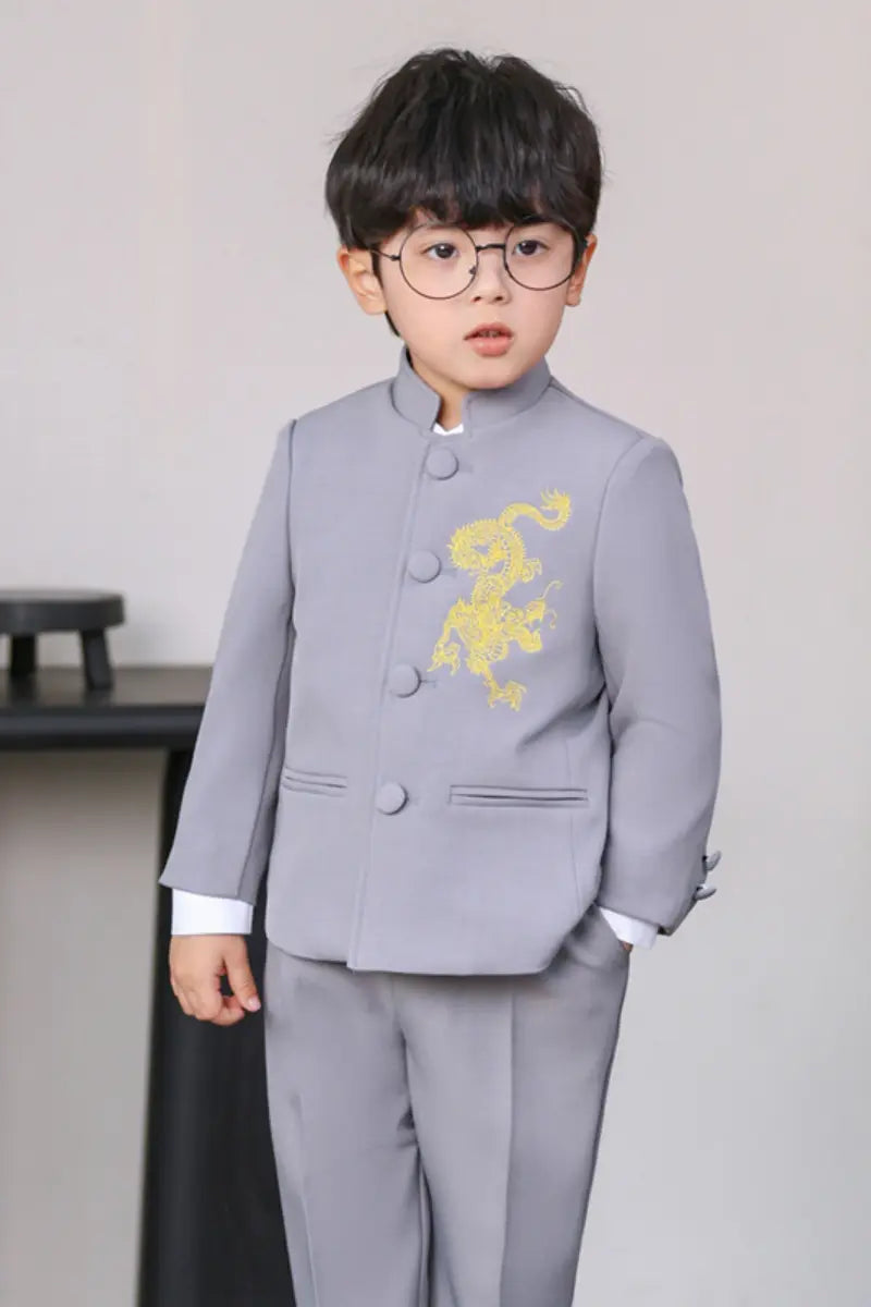 Boys' New Chinese Style Dragon Embroidered Zhongshan Suit Set