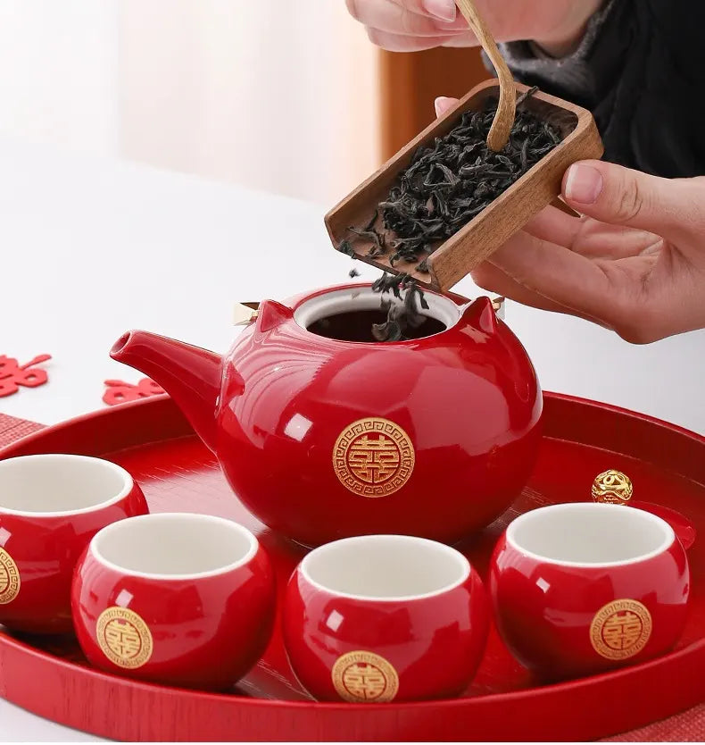 Traditional Chinese Double Happiness Red Wedding Tea Set | Crimson Bliss