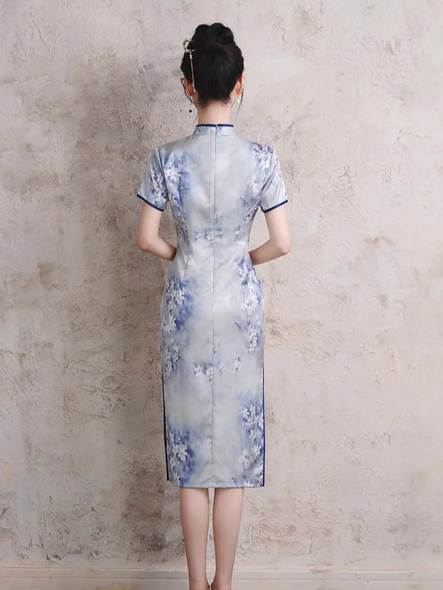 Blue & Purple Watercolor Floral Qipao Dress