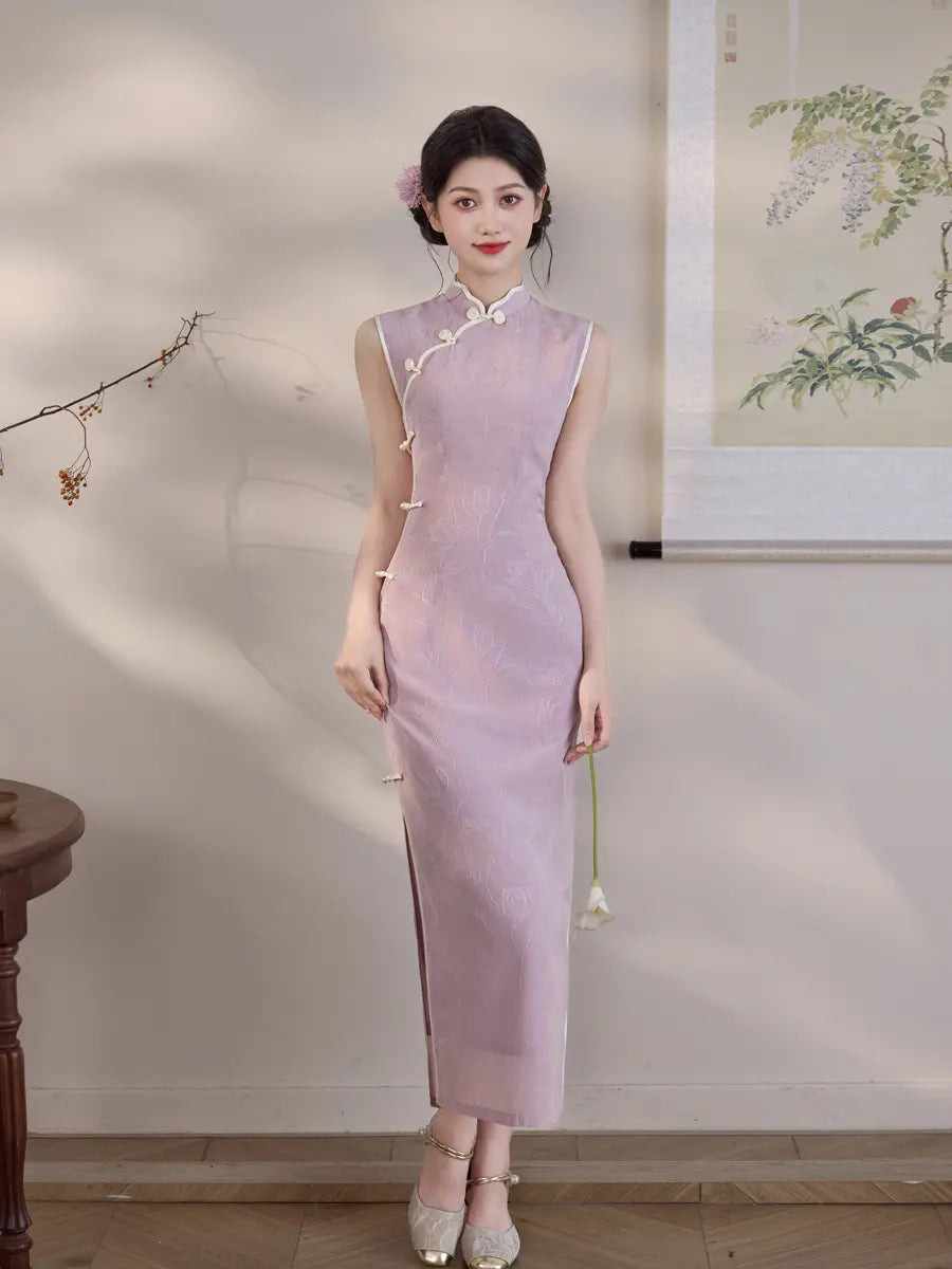 Blaues ärmelloses Midi-Qipao-Kleid aus Jacquard
