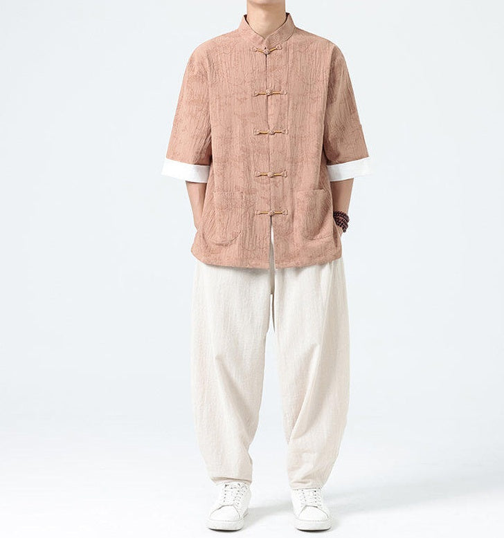 Men's Modern Chinese Style Half Sleeve Tang Suit Shirt
