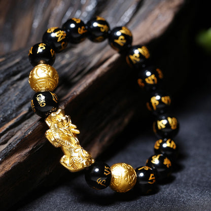 Obsidianperlen mit buddhistischem Mantra Feng Shui Pixiu Reichtumsarmband