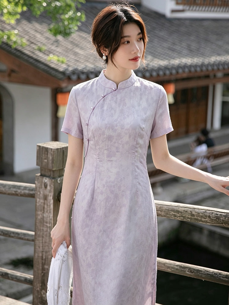 Modern Lavender A-line Short Sleeve Summer Qipao Dress