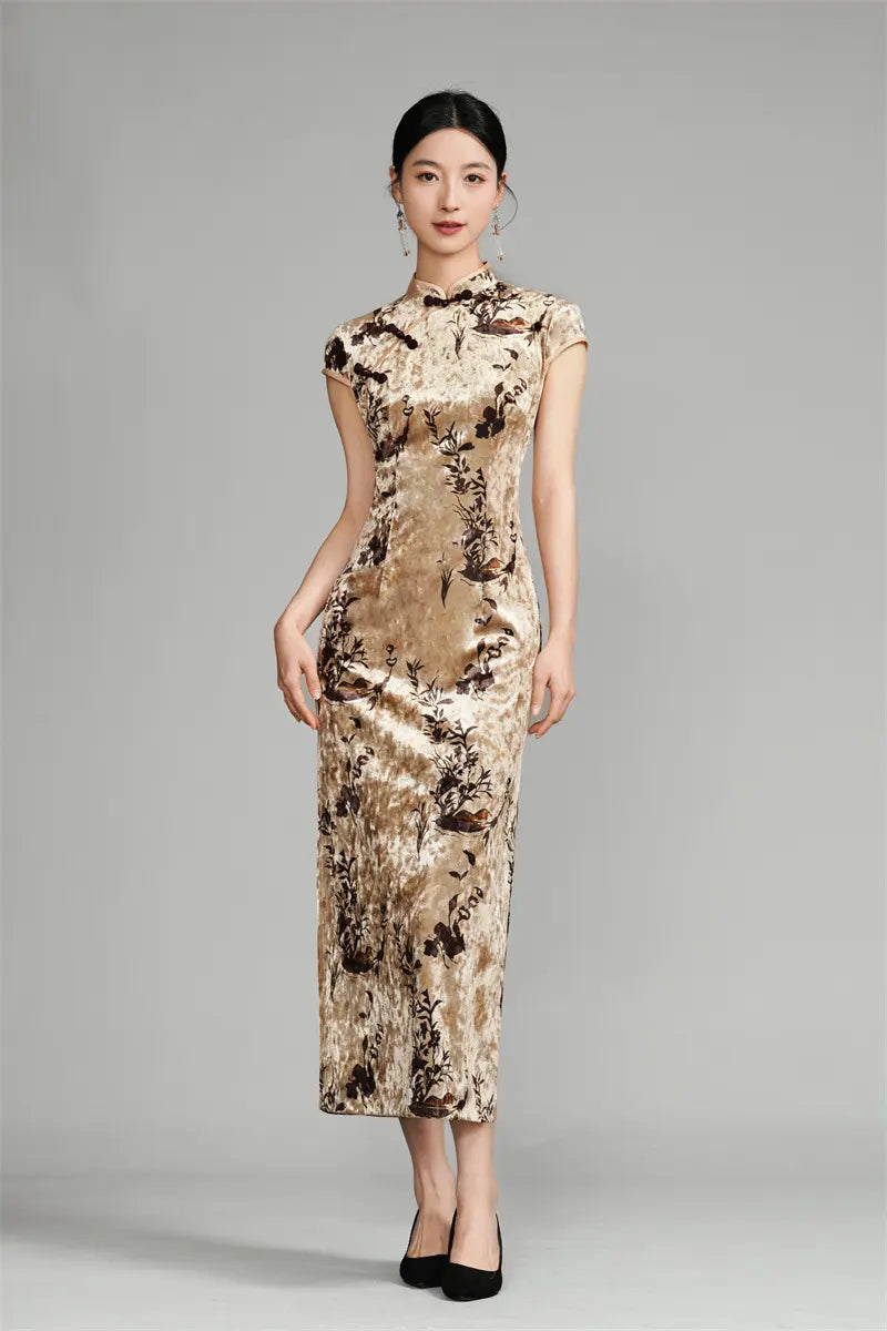 Woman wearing a Golden Floral Velvet Qipao Cheongsam Dress  on a gray background