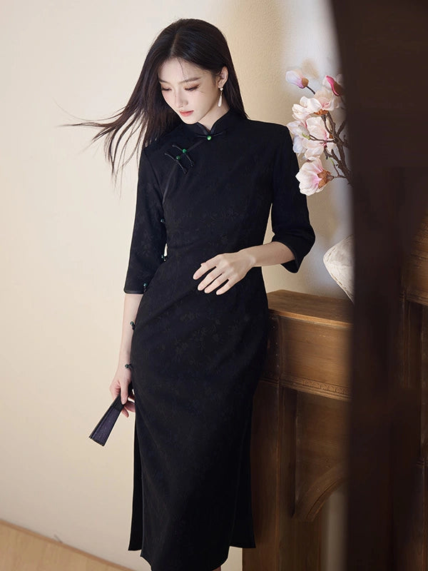 Modern Floral Cotton Jacquard Long Sleeve Qipao