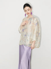 New Chinese Style Butterfly Sheer Top & Lilac Skirt Set
