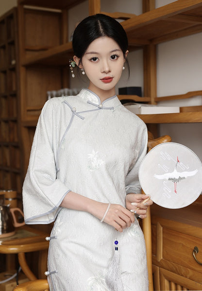 Light Blue Long Sleeves Lace jacquard Cheongsam Qipao Dress