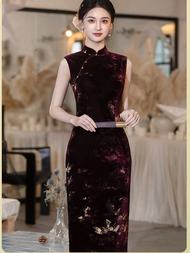 Burgundy Velvet Gold Floral Burnout  Sleeveless Qipao