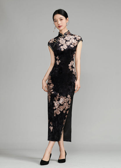 Black Sleeveless Floral Velvet Long Qipao Cheongsam Dress