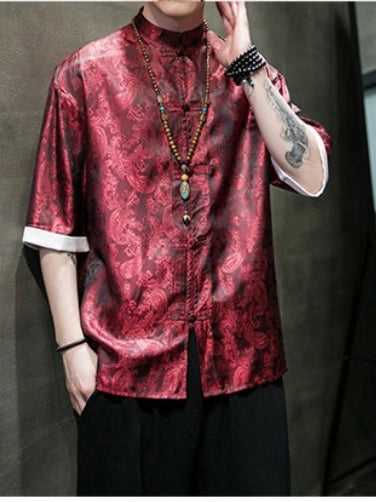 Men's Ice Silk Half-Sleeve Tang Suit Summer Shirt