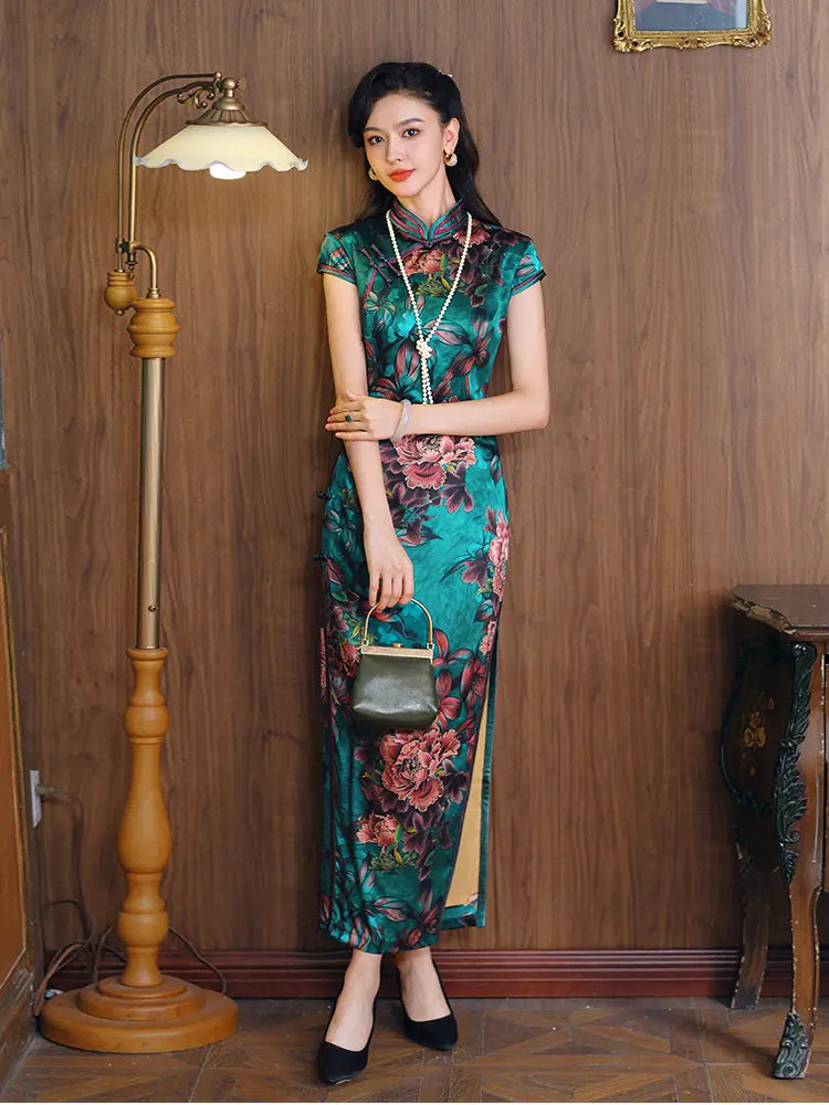 Emerald Green Floral Silk Qipao Dress Emerald Green Floral Silk Qipao Dress