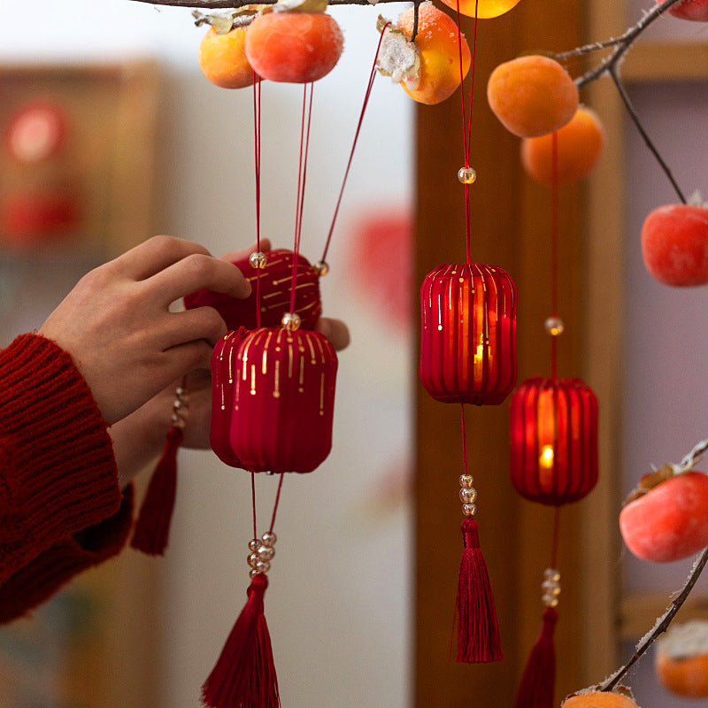 Festive Red Fabric Lantern with LED Light and Tassels