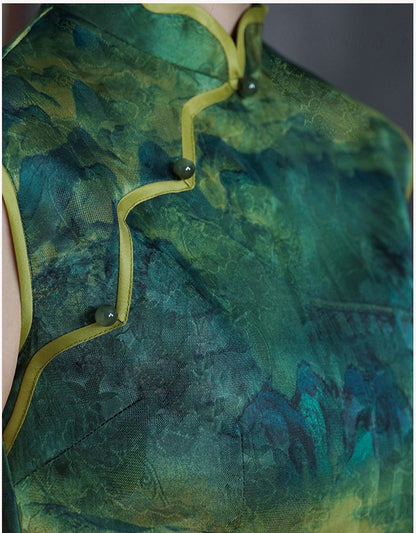 Green Landscape Print Sleeveless Chinese Qipao Cheongsam Dress