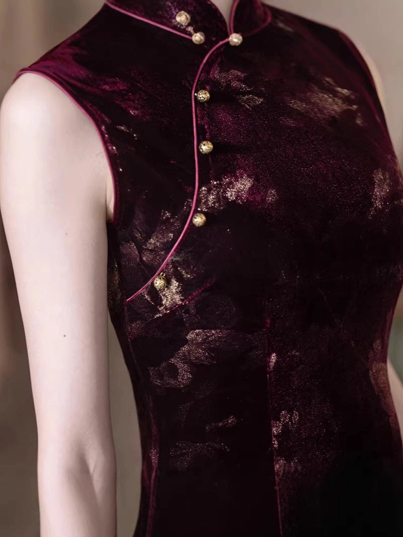 Burgundy Velvet Gold Floral Burnout  Sleeveless Qipao