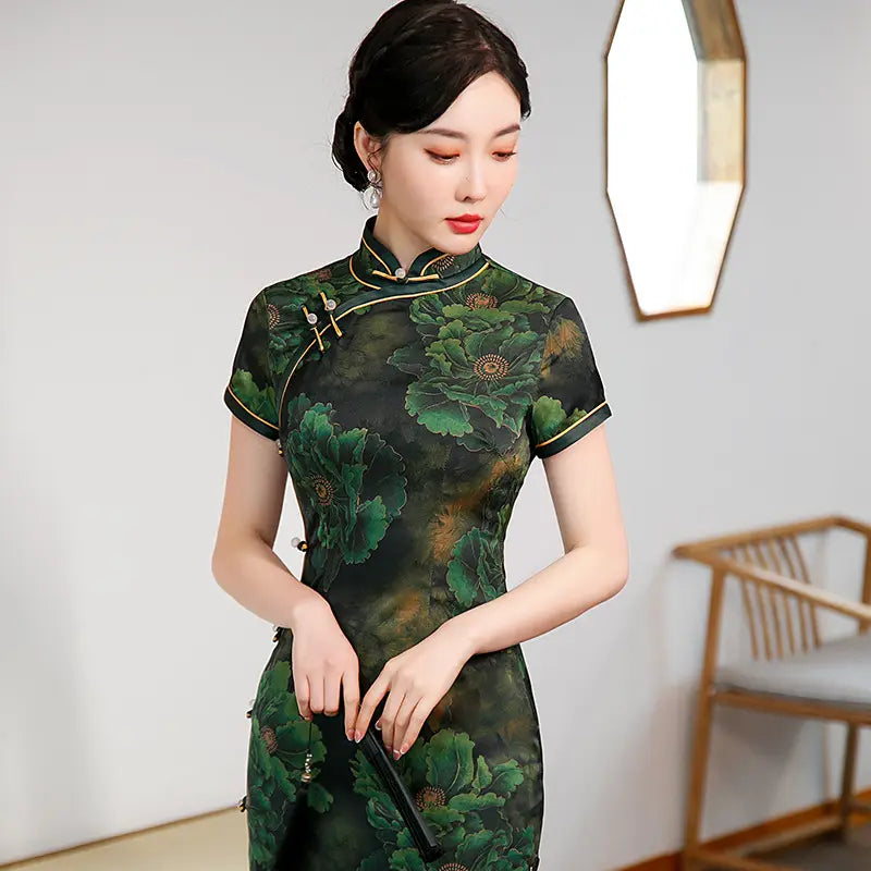 Dark Green  Floral Chinese Long cheongsam Dress
