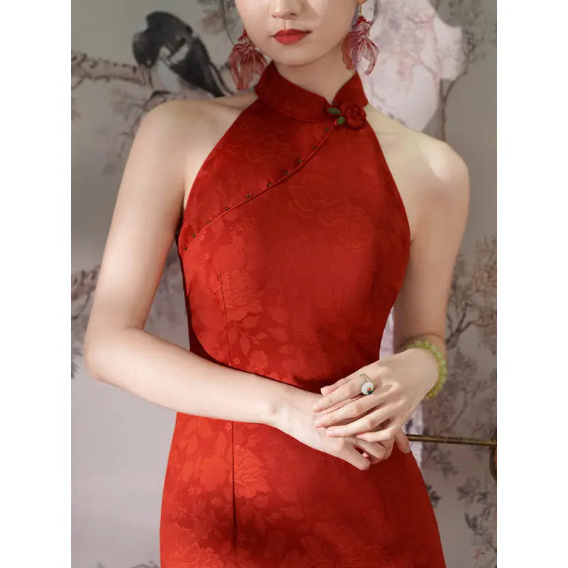 Red Floral Jacquard Halter Modern Bridal Qipao Dress