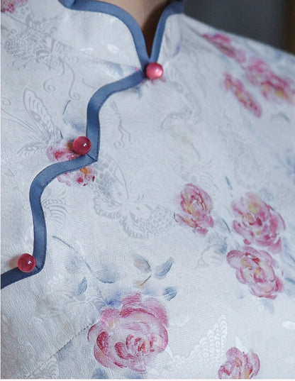 Sleeveless Floral Qipao Dress| Rosy