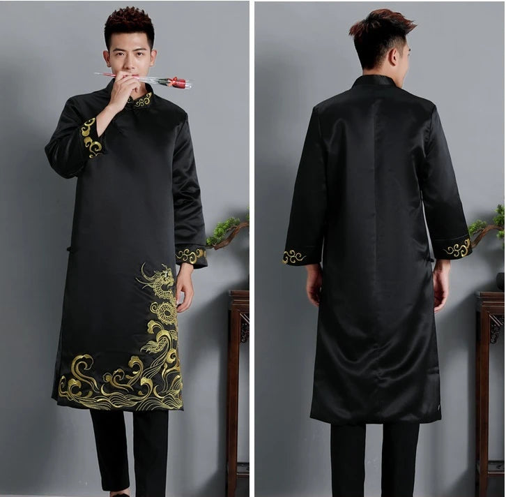 Man wearing a black Dragon Embroidered Men's Tang Jacket – Traditional Chinese Groom/Best Man Outfit with gold embroidery, shown from front and back.