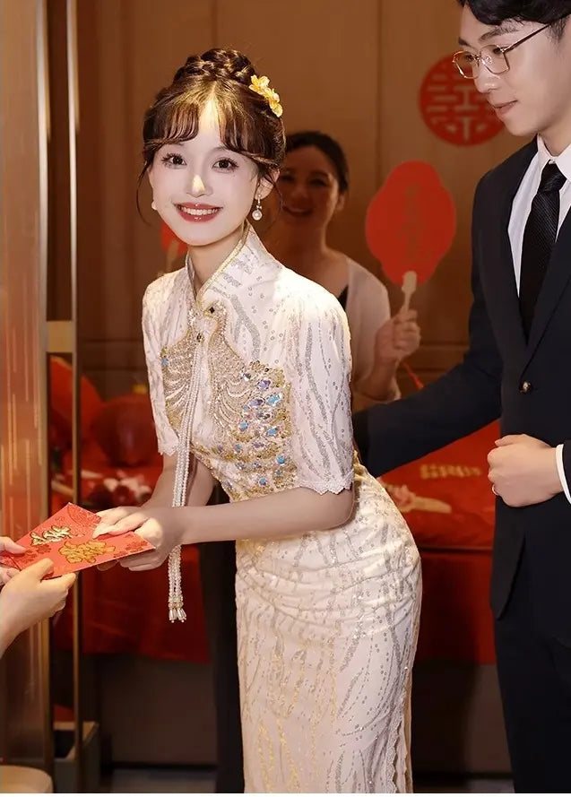 Ivory Sequin pheonxi bridal Cheongsam Qipao Dress for chinese wedding tea ceremony