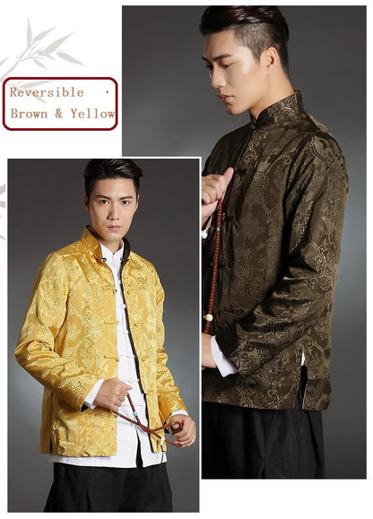 brown and yellow double-sided reversible chinese tang jacket suit