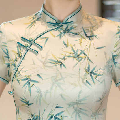 Chinese Green Bamboo Leaves Print Cheongsam Qipao Dress detail top