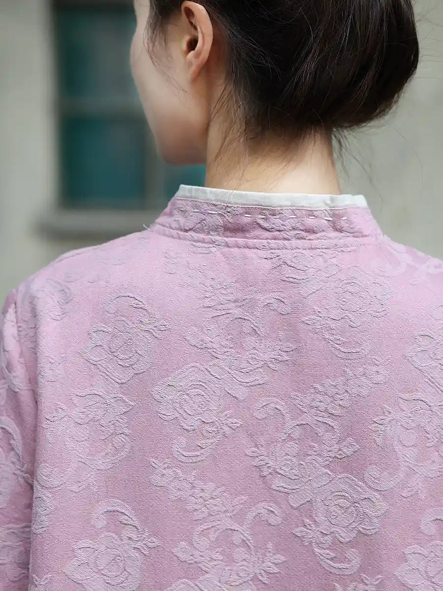 Rosa, geblümtes, langärmliges, lockeres Qipao-Cheongsam-Kleid