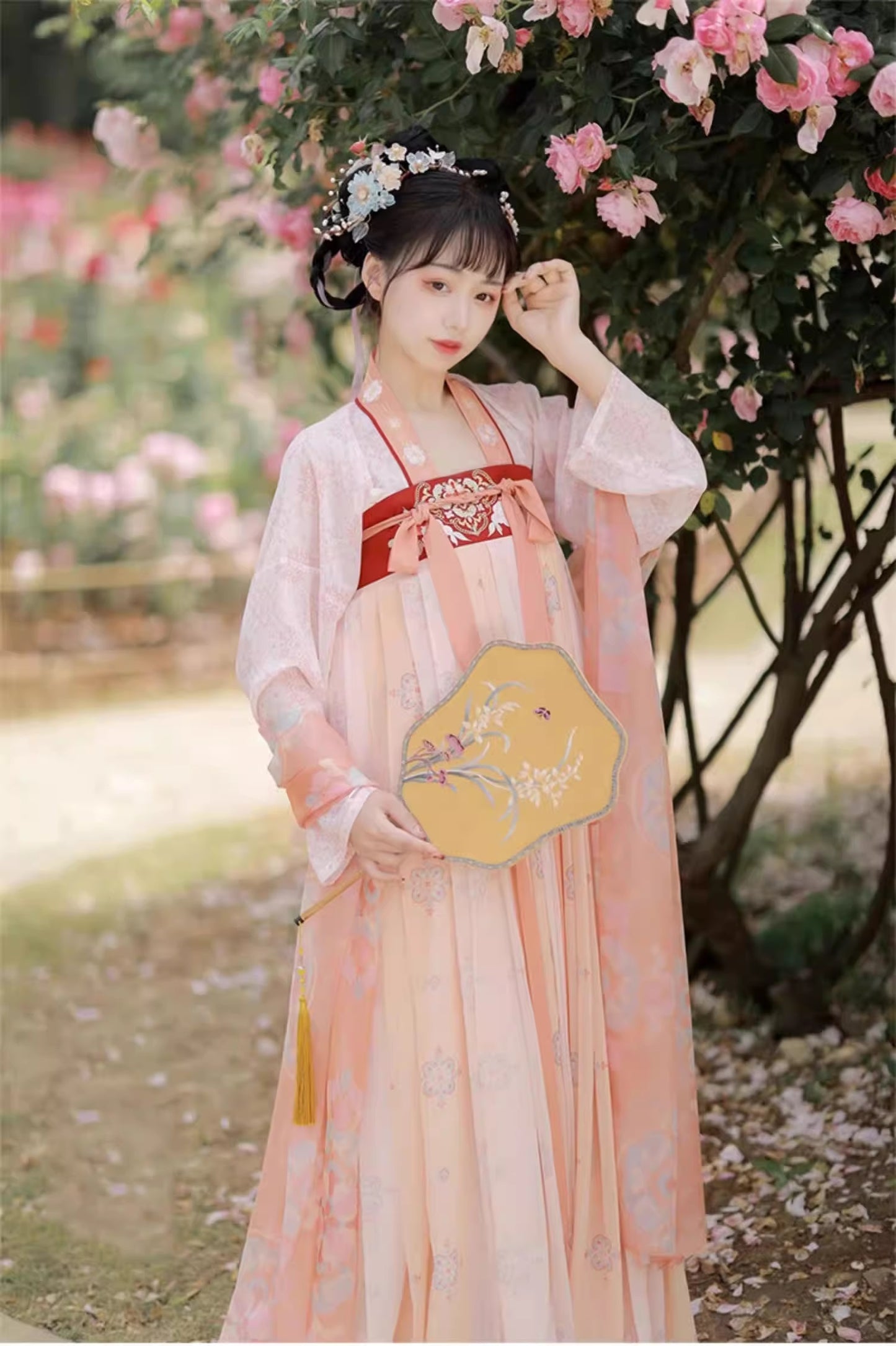 Robe HanFu de la dynastie Tang brodée de fleurs roses