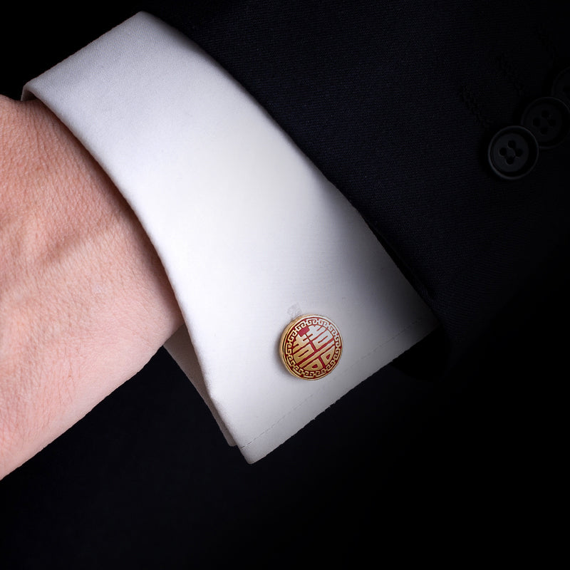 red Double happiness wedding cufflinks and tie clip for groom best men
