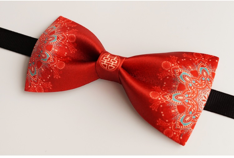 red Floral Double happiness Groom Wedding Bow Tie