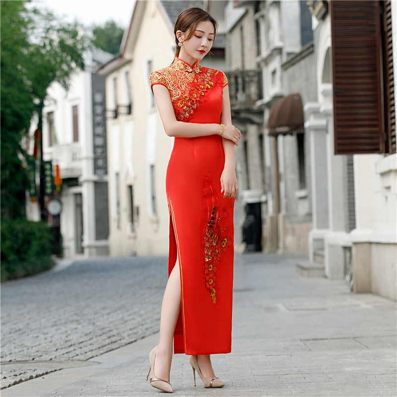 Red Chinese Bridal Qipao Cheongsam Dress with Golden Flower – Oriental Me