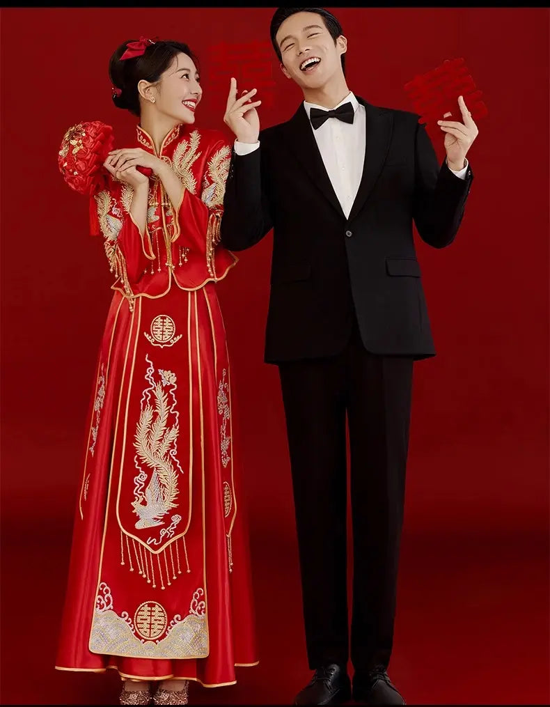 Red Traditional  Chinese Wedding Dress  phoenix  Qun Kwa for bride 