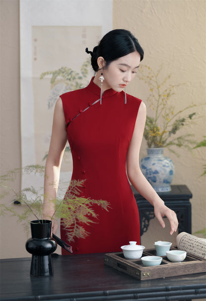 Robe Qipao Cheongsam moderne sans manches rouge