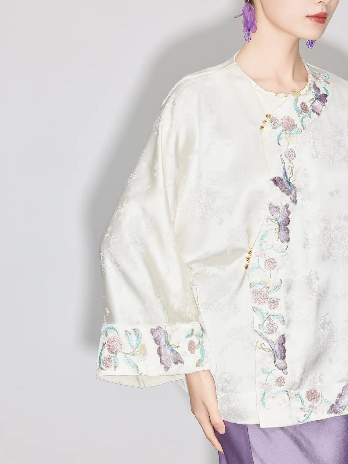 Modern Chinese Style Ivory & Lavender Top & Skirt