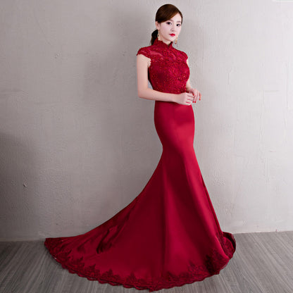 Model in Red bridal qipao cheongsam  facing right