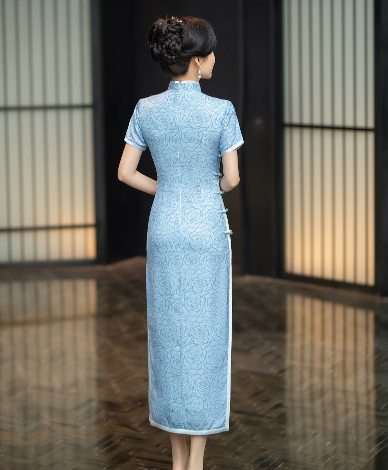 modern chinese Blue Floral Cheongsam Qipao Dress back