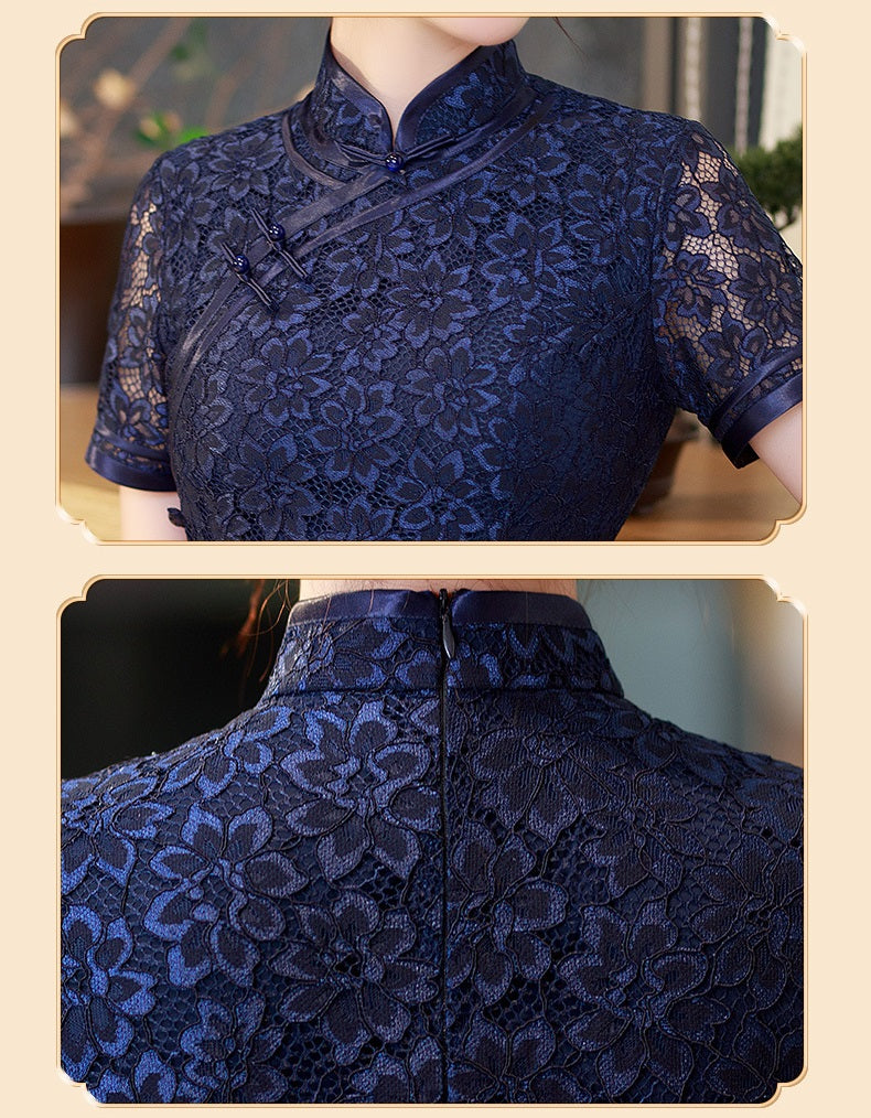 Robe Qipao Cheongsam en dentelle bleu marine