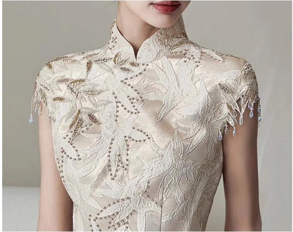 Model in ivory white floral fringe qipao cheongsam dress detail